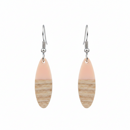 Pink Resin & Wood Silvertone Patchwork Oval Hook Earrings - Street Region