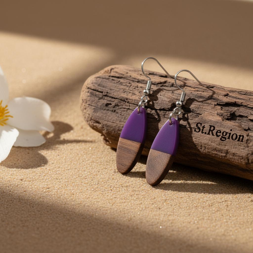 Purple Resin and Wood Silvertone Patchwork Oval Hook Earrings, silver drop earrings for women, front view