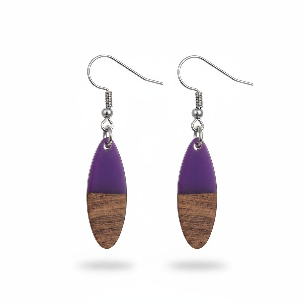Purple Resin and Wood Silvertone Patchwork Oval Hook Earrings, silver drop earrings for women, side view
