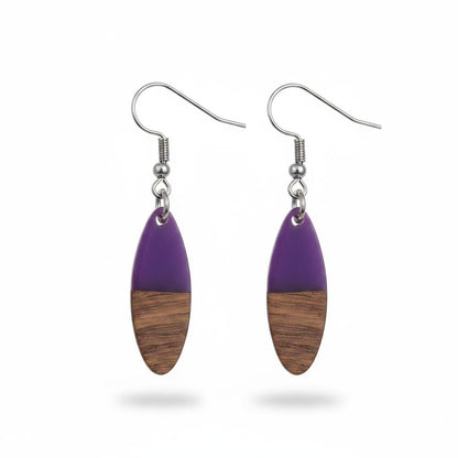 Purple Resin and Wood Silvertone Patchwork Oval Hook Earrings, silver drop earrings for women, side view