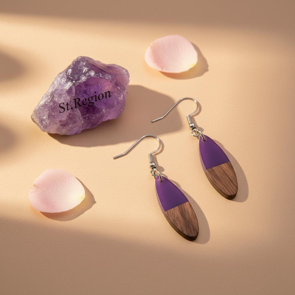Purple Resin and Wood Silvertone Patchwork Oval Hook Earrings, silver drop earrings for women, detail close-up