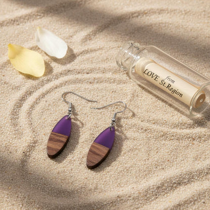Purple Resin and Wood Silvertone Patchwork Oval Hook Earrings, silver drop earrings for women, lifestyle look