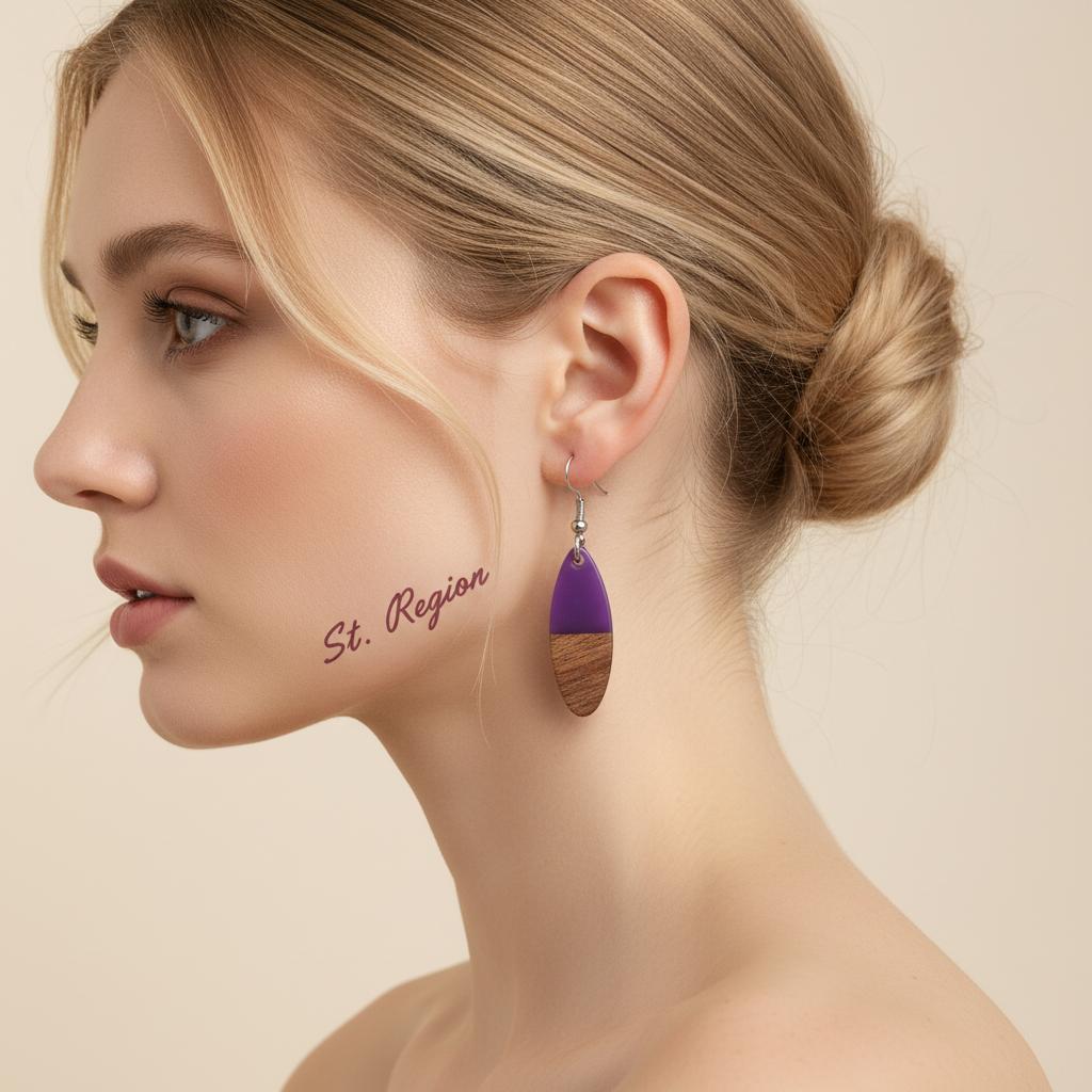 Purple Resin and Wood Silvertone Patchwork Oval Hook Earrings, silver drop earrings for women, styled look