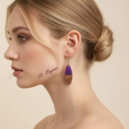 Purple Resin and Wood Silvertone Patchwork Oval Hook Earrings, silver drop earrings for women, styled look