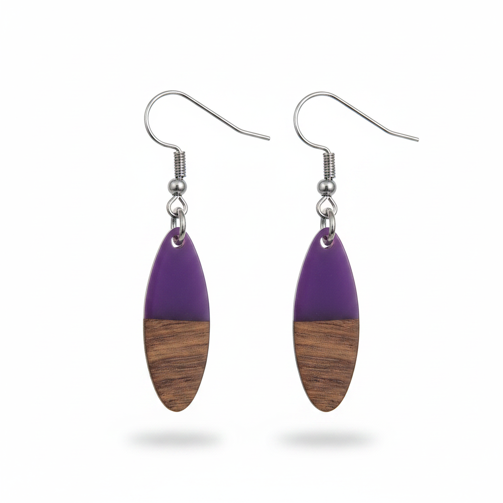 Purple Resin & Wood Silvertone Patchwork Oval Hook Earrings - Street Region