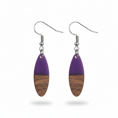 Purple Resin & Wood Silvertone Patchwork Oval Hook Earrings - Street Region