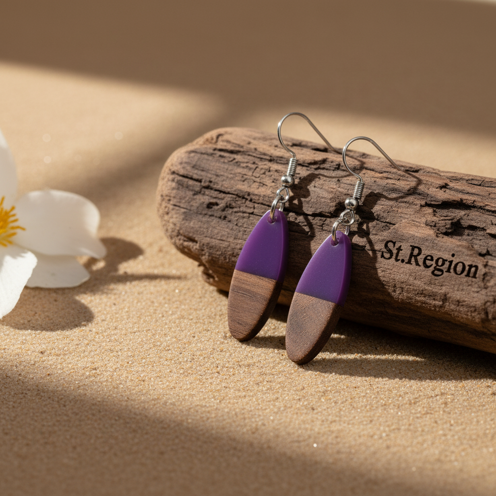 Purple Resin & Wood Silvertone Patchwork Oval Hook Earrings - Street Region