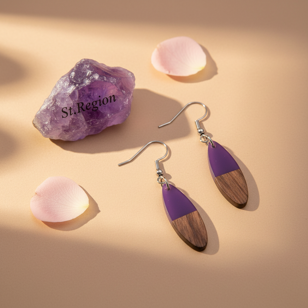 Purple Resin & Wood Silvertone Patchwork Oval Hook Earrings - Street Region