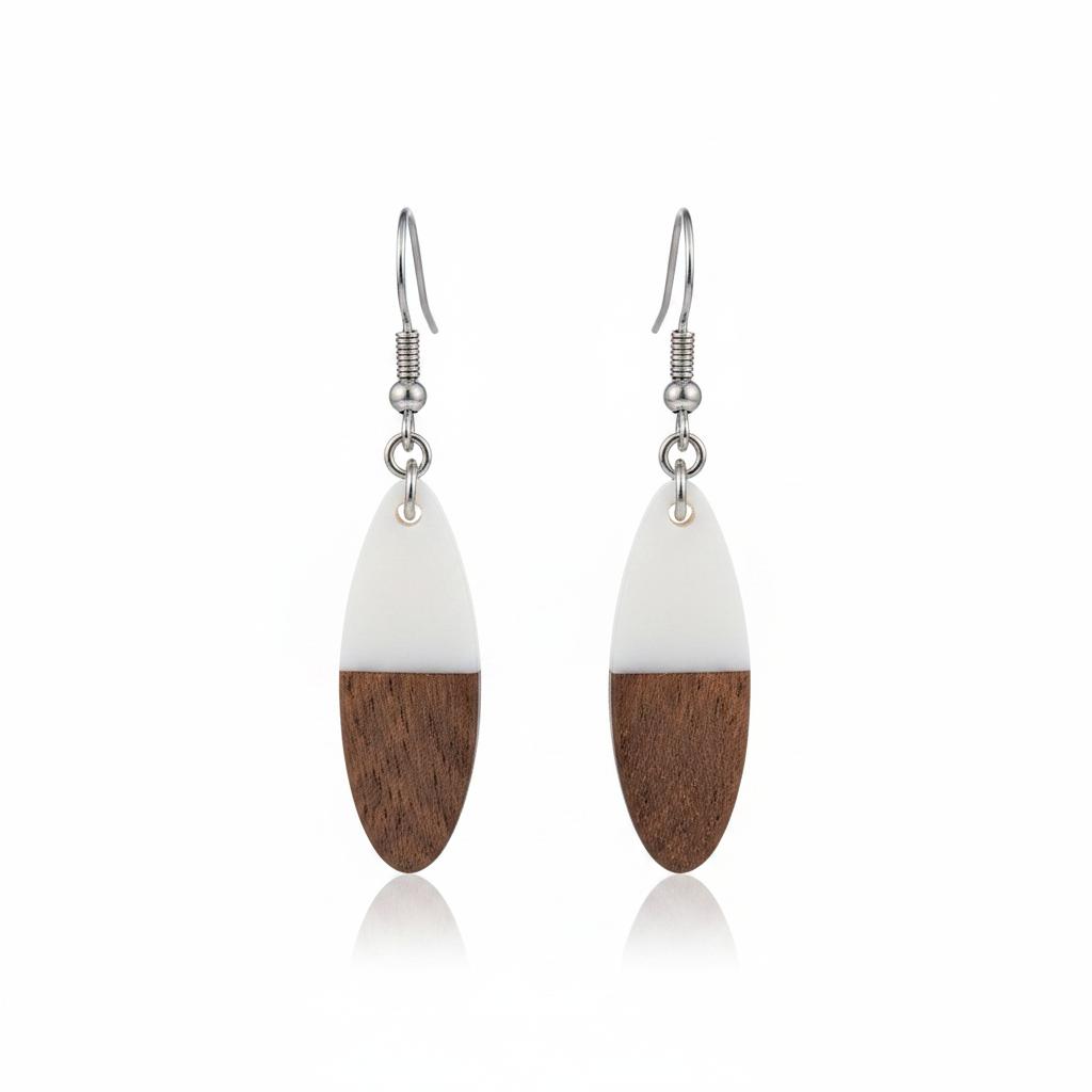 White Resin and Wood Silvertone Patchwork Oval Hook Earrings, silver drop earrings for women, side view
