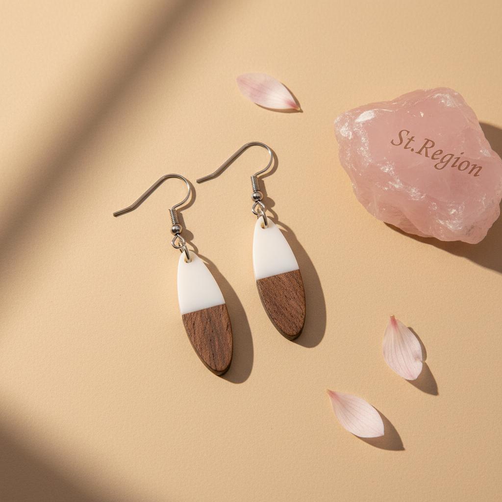 White Resin and Wood Silvertone Patchwork Oval Hook Earrings, silver drop earrings for women, detail close-up