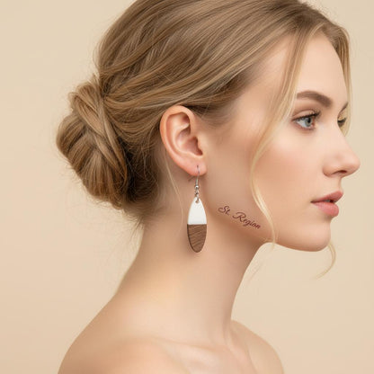 White Resin and Wood Silvertone Patchwork Oval Hook Earrings, silver drop earrings for women, styled look