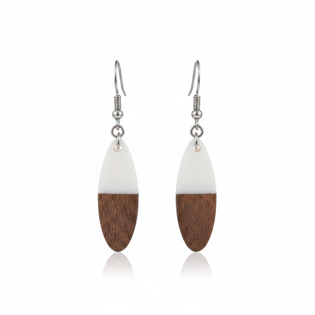 White Resin & Wood Silvertone Patchwork Oval Hook Earrings - Street Region