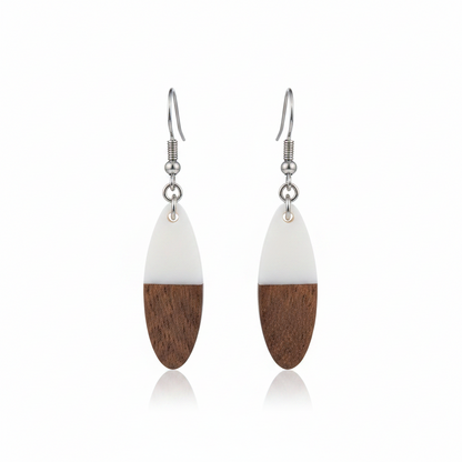 White Resin & Wood Silvertone Patchwork Oval Hook Earrings - Street Region