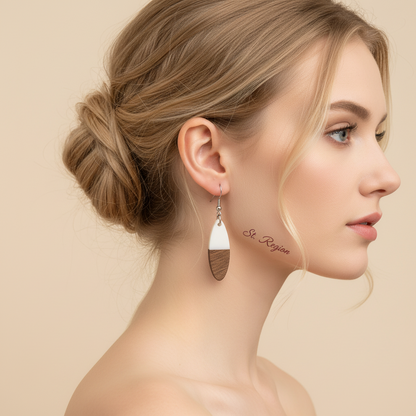 White Resin & Wood Silvertone Patchwork Oval Hook Earrings - Street Region