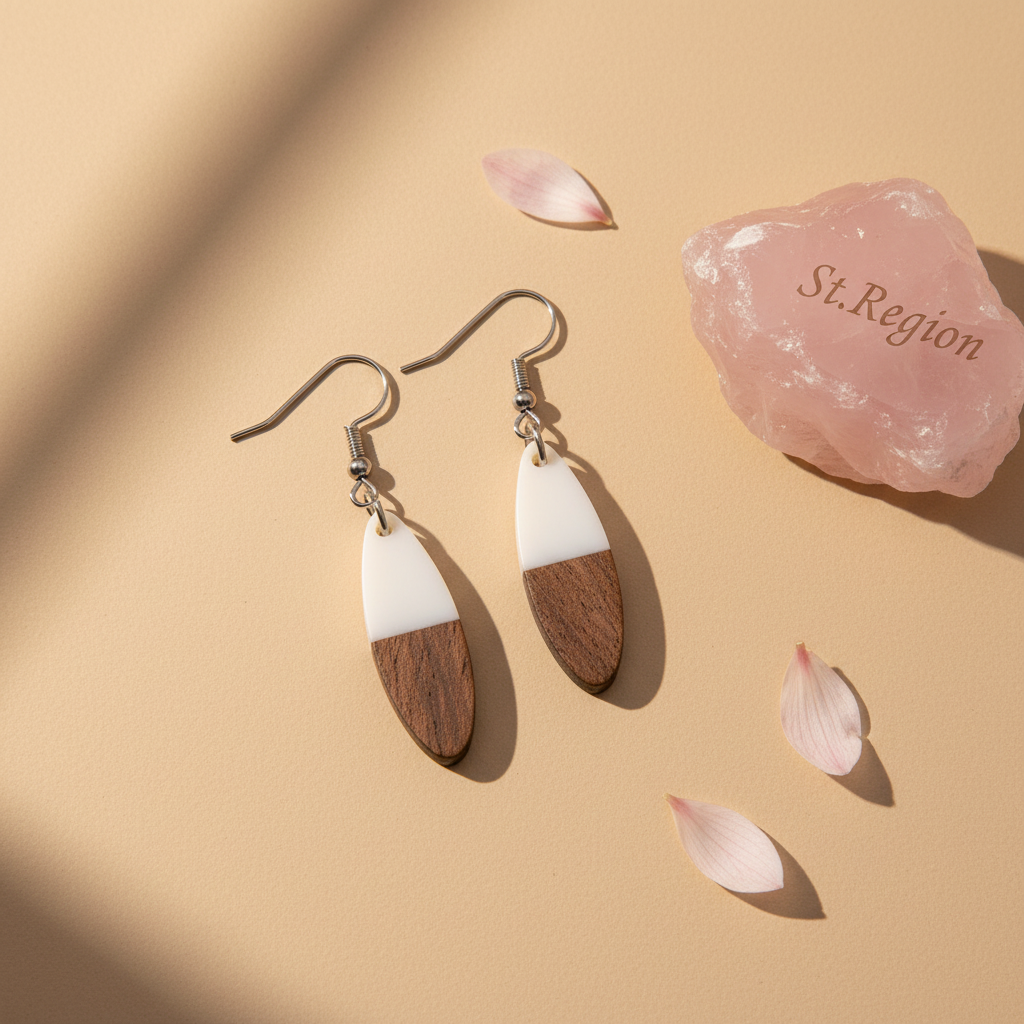 White Resin & Wood Silvertone Patchwork Oval Hook Earrings - Street Region