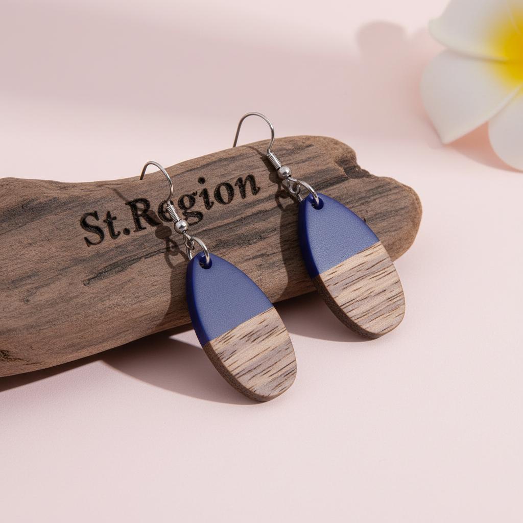 Blue Resin and Wood Silvertone Patchwork Teardrop Hook Earrings, silver drop earrings for women, front view