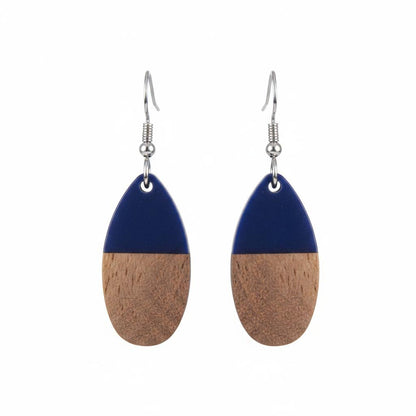 Blue Resin and Wood Silvertone Patchwork Teardrop Hook Earrings, silver drop earrings for women, side view
