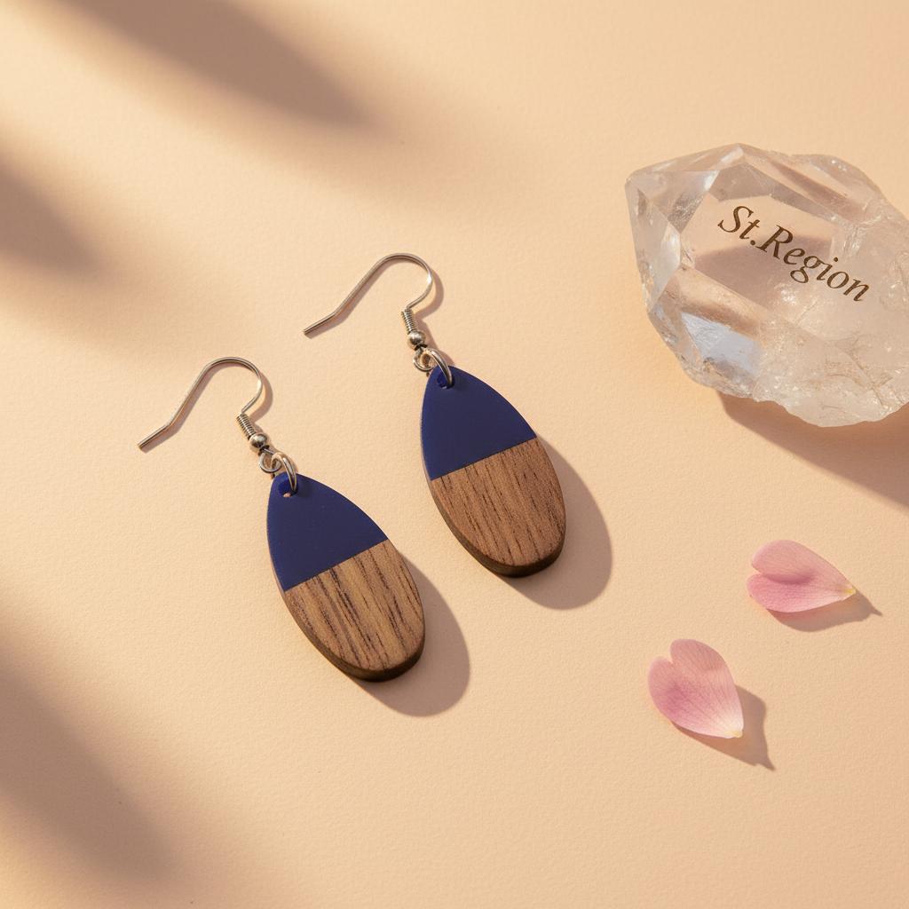 Blue Resin and Wood Silvertone Patchwork Teardrop Hook Earrings, silver drop earrings for women, detail close-up