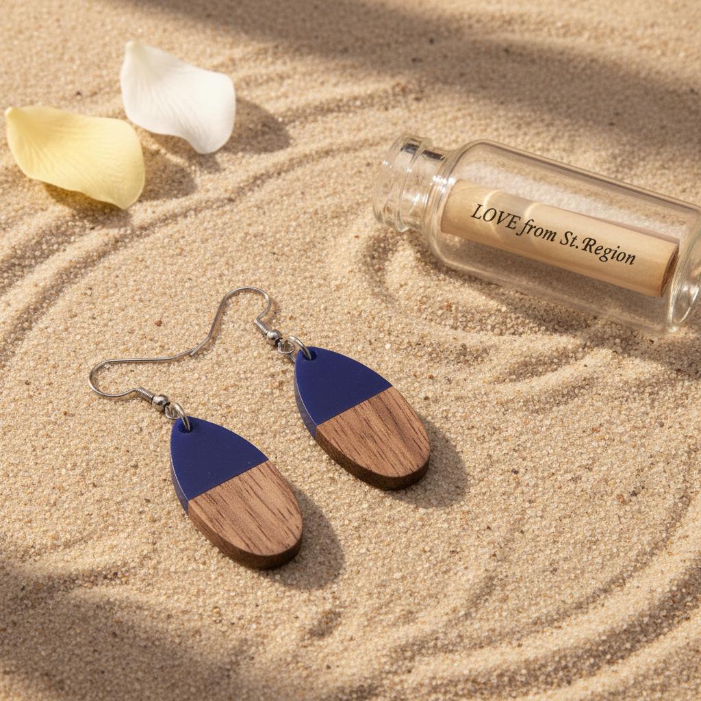 Blue Resin and Wood Silvertone Patchwork Teardrop Hook Earrings, silver drop earrings for women, lifestyle look