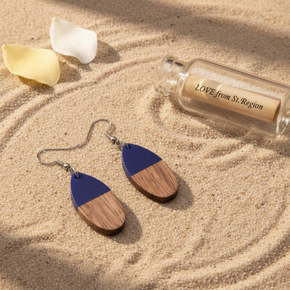 Blue Resin and Wood Silvertone Patchwork Teardrop Hook Earrings, silver drop earrings for women, lifestyle look
