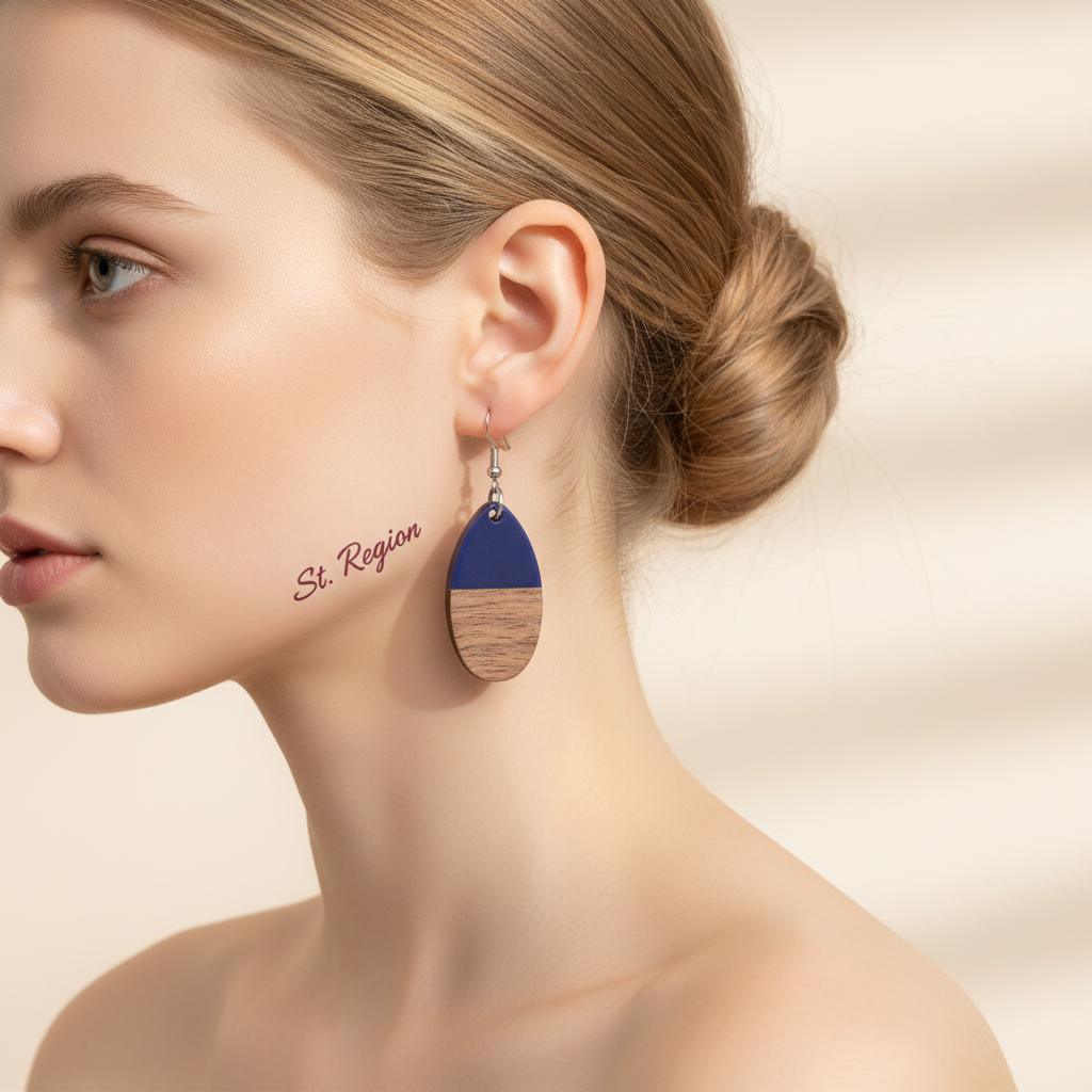 Blue Resin and Wood Silvertone Patchwork Teardrop Hook Earrings, silver drop earrings for women, styled look