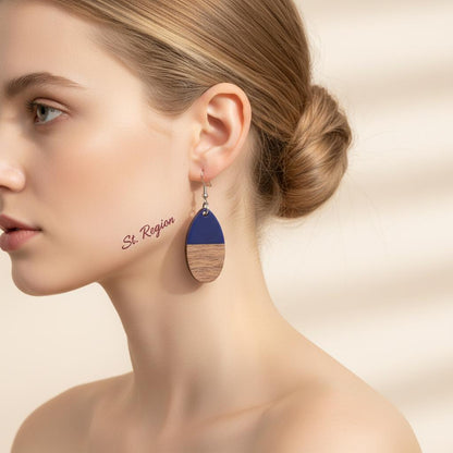 Blue Resin and Wood Silvertone Patchwork Teardrop Hook Earrings, silver drop earrings for women, styled look