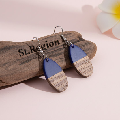 Blue Resin & Wood Silvertone Patchwork Teardrop Hook Earrings - Street Region