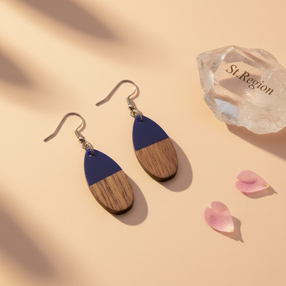 Blue Resin & Wood Silvertone Patchwork Teardrop Hook Earrings - Street Region