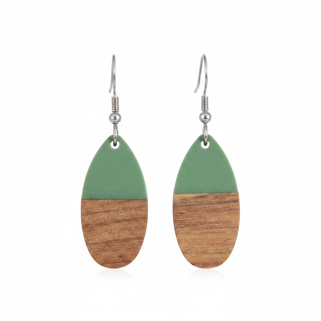 Green Resin and Wood Silvertone Patchwork Teardrop Hook Earrings, silver drop earrings for women, side view
