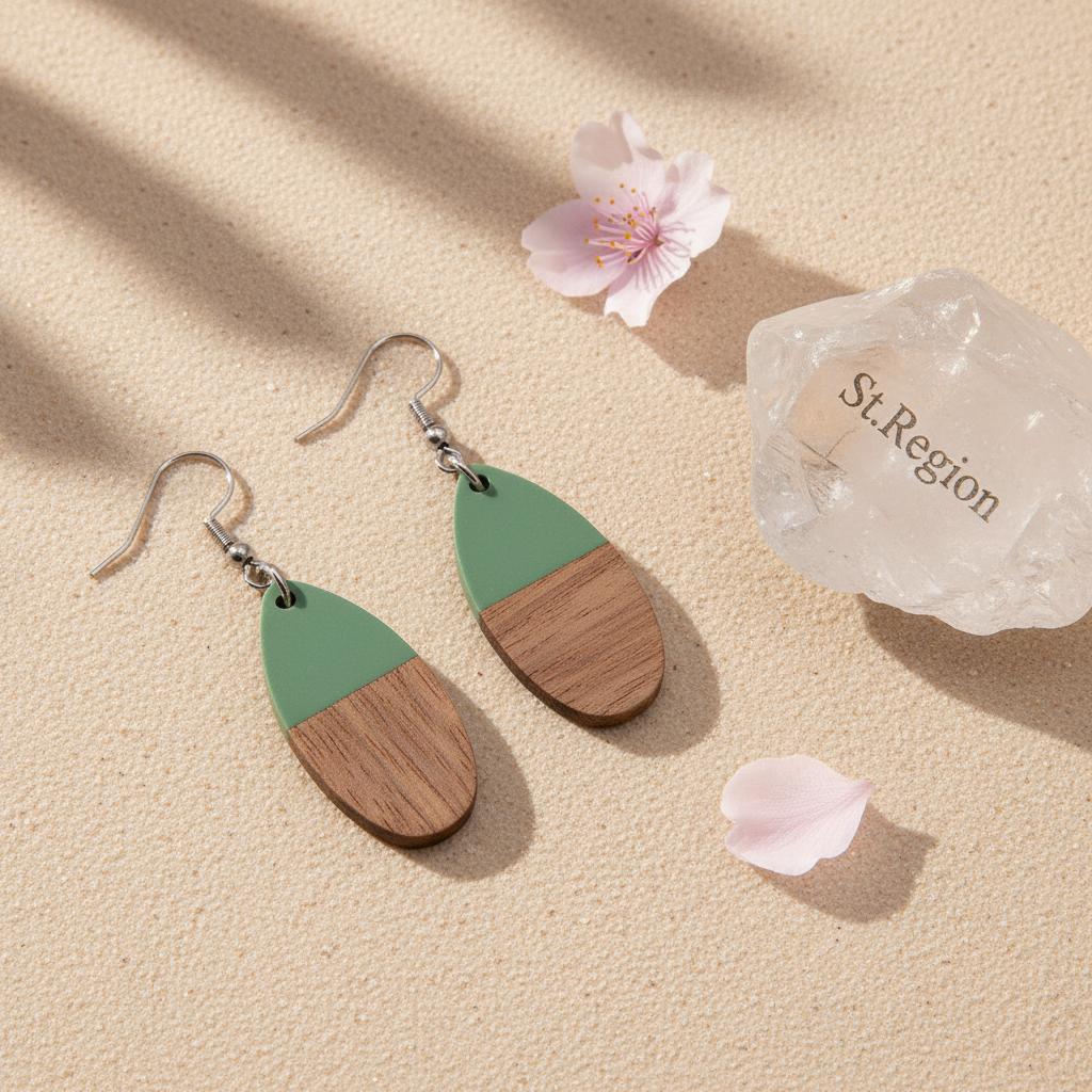 Green Resin and Wood Silvertone Patchwork Teardrop Hook Earrings, silver drop earrings for women, detail close-up