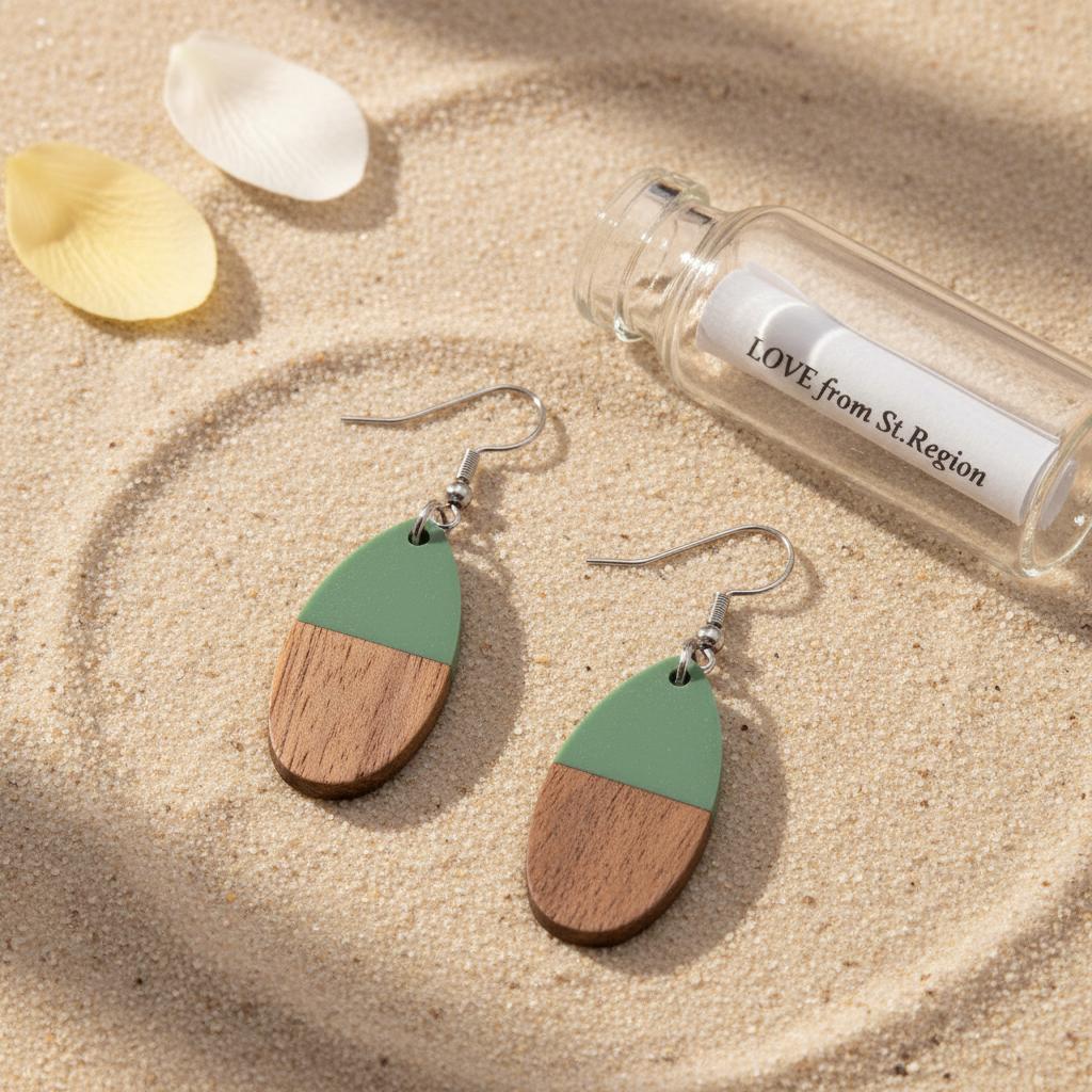 Green Resin and Wood Silvertone Patchwork Teardrop Hook Earrings, silver drop earrings for women, lifestyle look