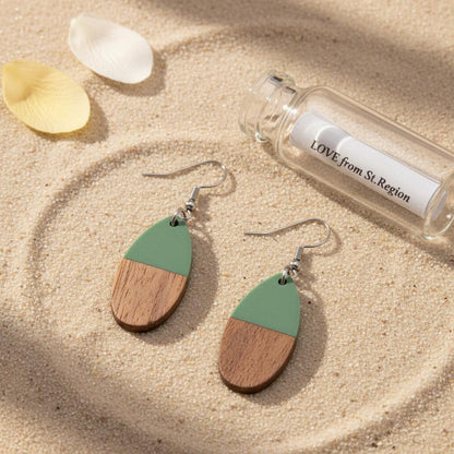 Green Resin and Wood Silvertone Patchwork Teardrop Hook Earrings, silver drop earrings for women, lifestyle look