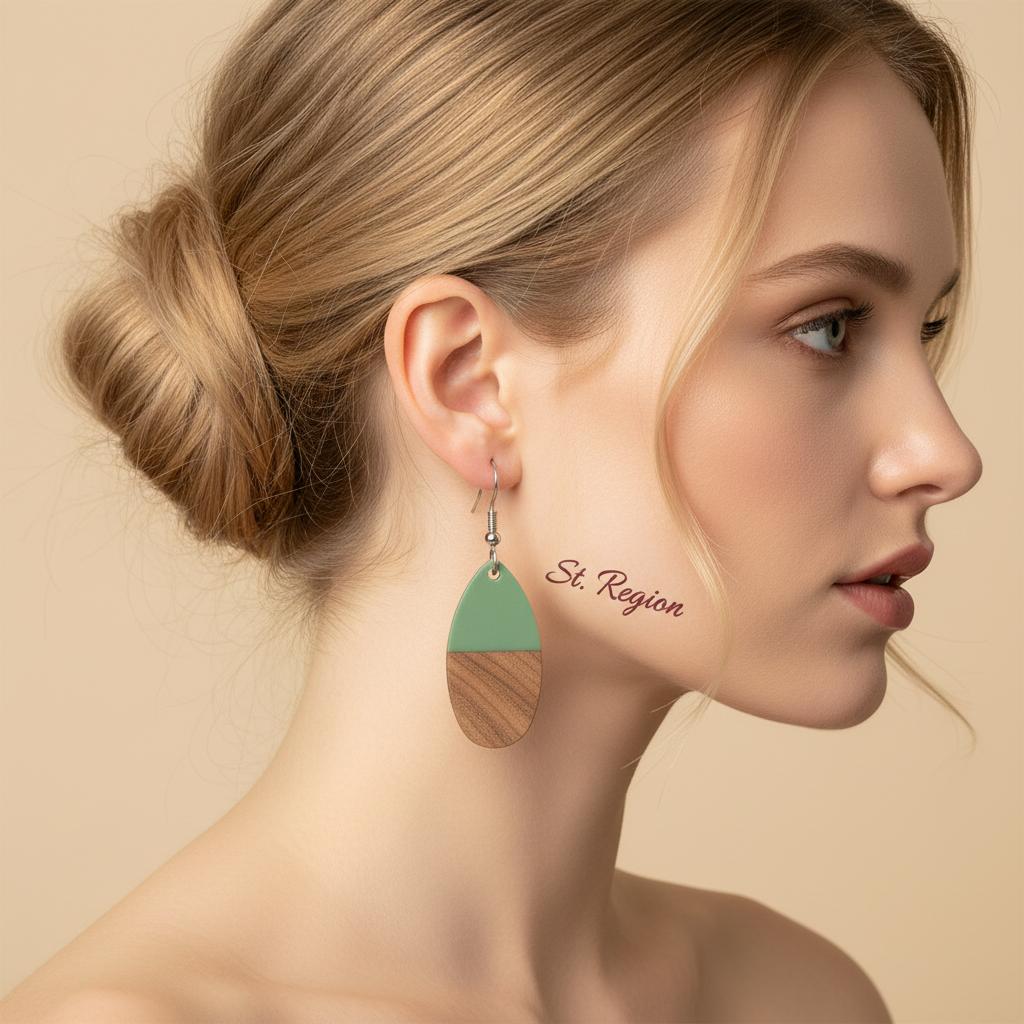 Green Resin and Wood Silvertone Patchwork Teardrop Hook Earrings, silver drop earrings for women, styled look