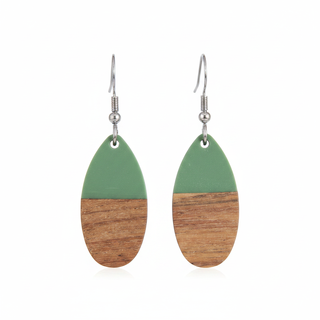 Green Resin & Wood Silvertone Patchwork Teardrop Hook Earrings - Street Region