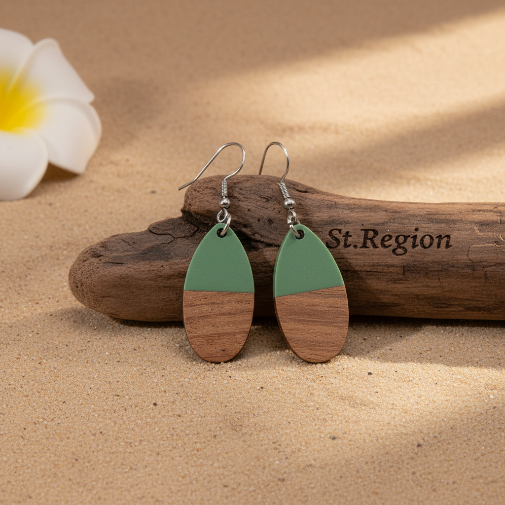 Green Resin & Wood Silvertone Patchwork Teardrop Hook Earrings - Street Region