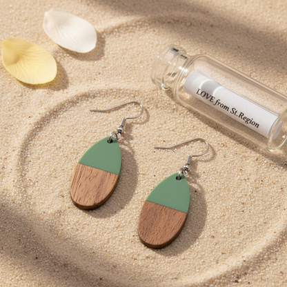 Green Resin & Wood Silvertone Patchwork Teardrop Hook Earrings - Street Region