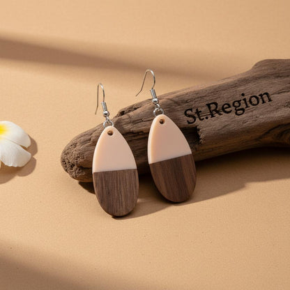 Pink Resin and Wood Silvertone Patchwork Teardrop Hook Earrings, silver drop earrings for women, everyday style, front view