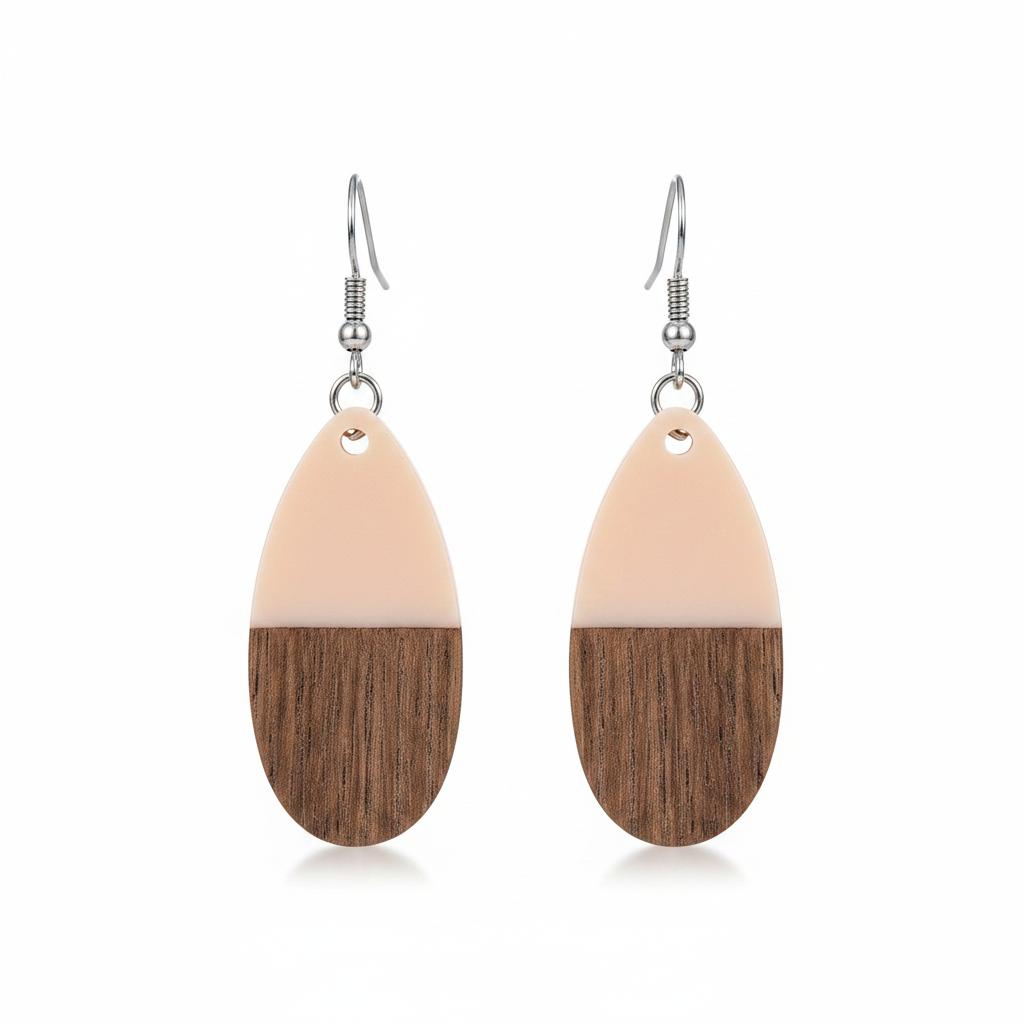 Pink Resin and Wood Silvertone Patchwork Teardrop Hook Earrings, silver drop earrings for women, everyday style, side view