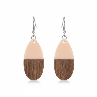 Pink Resin and Wood Silvertone Patchwork Teardrop Hook Earrings, silver drop earrings for women, everyday style, side view