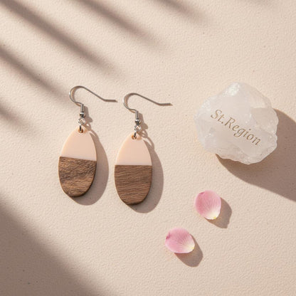 Pink Resin and Wood Silvertone Patchwork Teardrop Hook Earrings, silver drop earrings for women, detail close-up