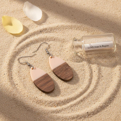 Pink Resin and Wood Silvertone Patchwork Teardrop Hook Earrings, silver drop earrings for women, lifestyle look