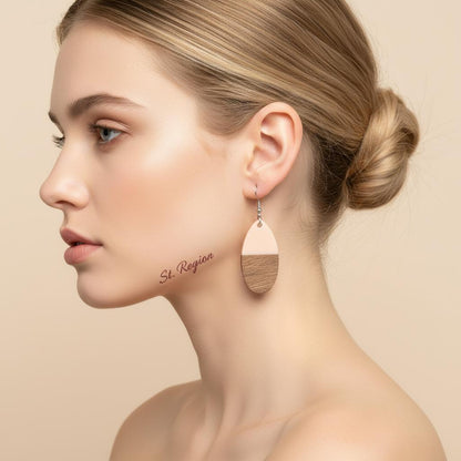 Pink Resin and Wood Silvertone Patchwork Teardrop Hook Earrings, silver drop earrings for women, everyday style, styled look