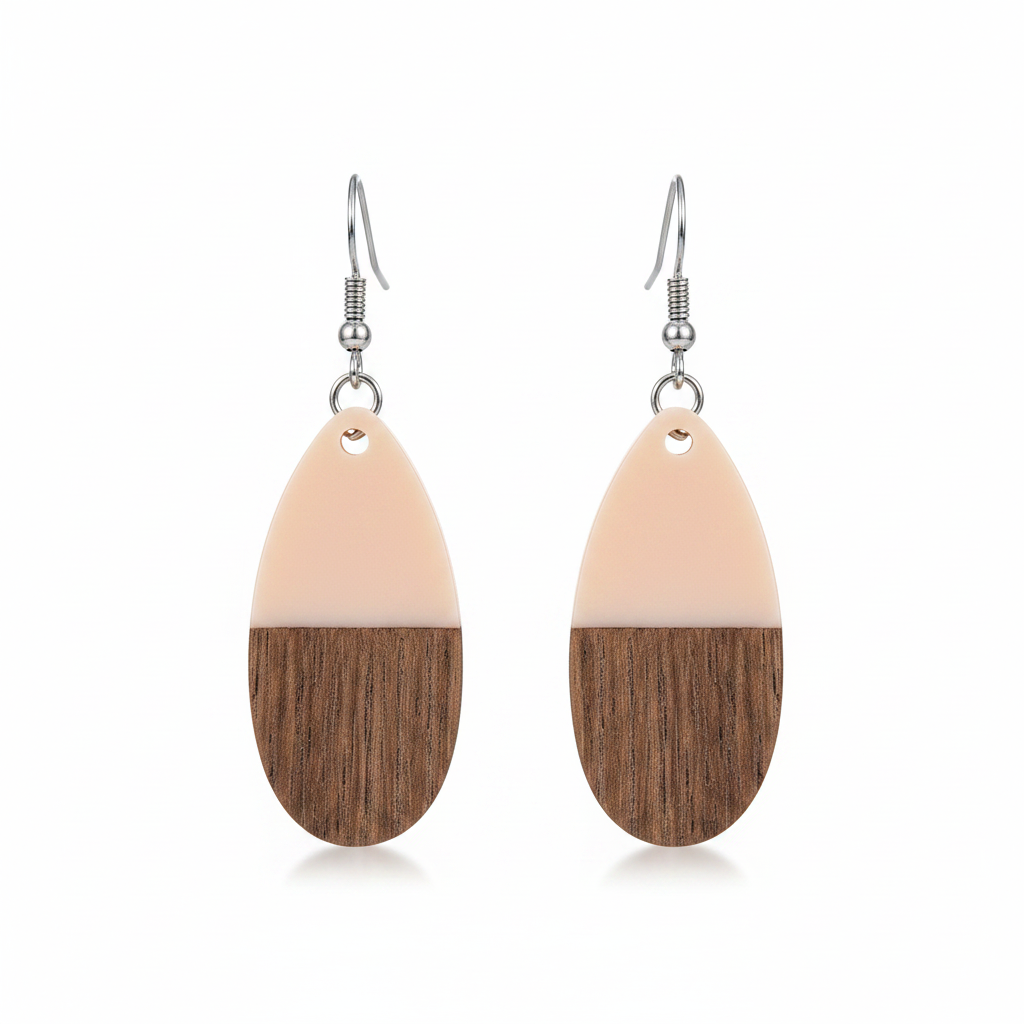 Pink Resin & Wood Silvertone Patchwork Teardrop Hook Earrings - Street Region