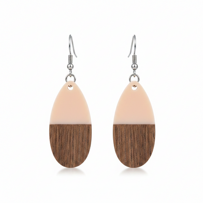 Pink Resin & Wood Silvertone Patchwork Teardrop Hook Earrings - Street Region
