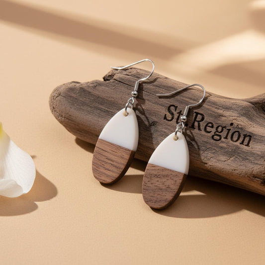 White Resin and Wood Silvertone Patchwork Teardrop Hook Earrings, gold drop earrings for women, front view