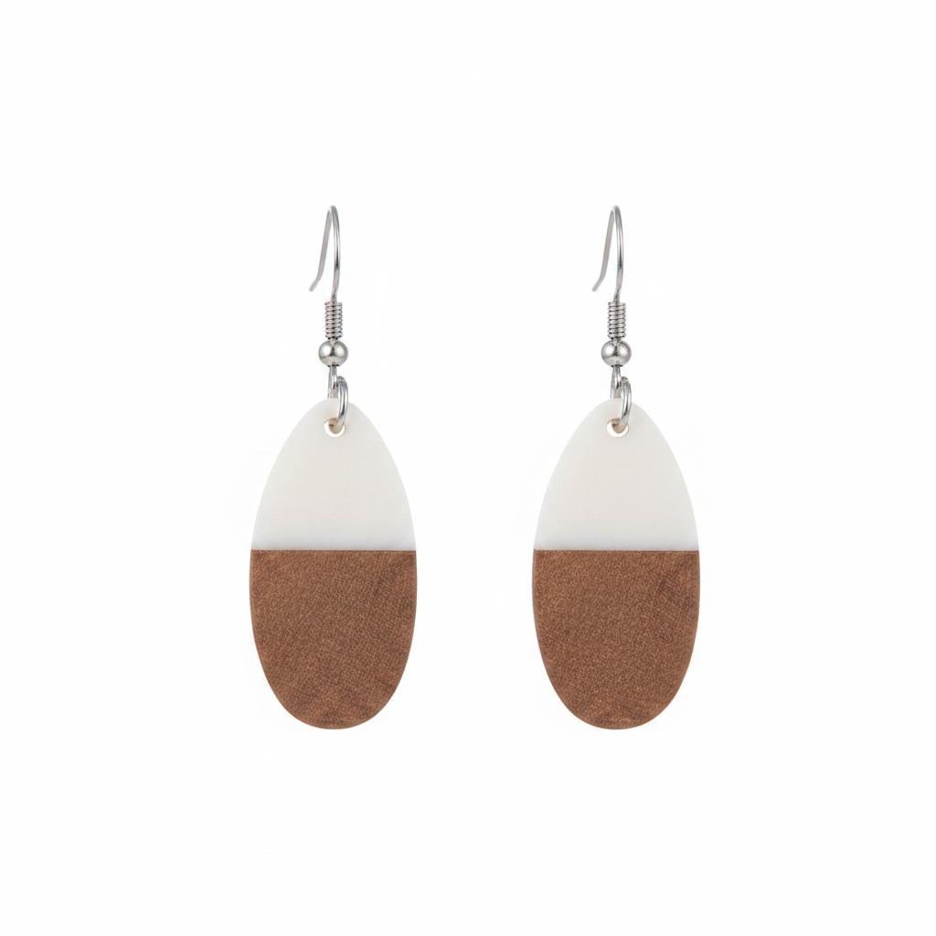 White Resin and Wood Silvertone Patchwork Teardrop Hook Earrings, silver drop earrings for women, side view