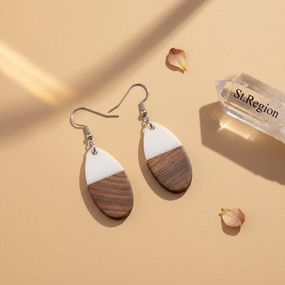 White Resin and Wood Silvertone Patchwork Teardrop Hook Earrings, silver drop earrings for women, detail close-up