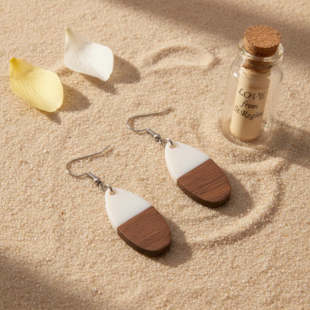 White Resin and Wood Silvertone Patchwork Teardrop Hook Earrings, silver drop earrings for women, lifestyle look