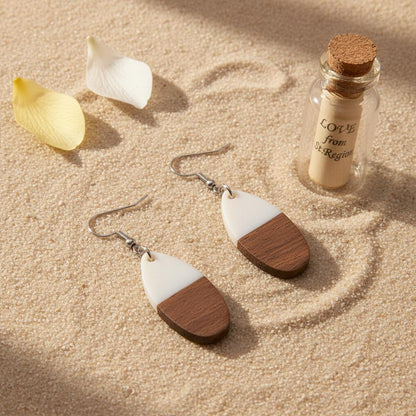 White Resin and Wood Silvertone Patchwork Teardrop Hook Earrings, silver drop earrings for women, lifestyle look