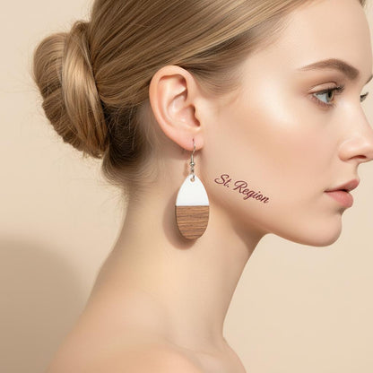 White Resin and Wood Silvertone Patchwork Teardrop Hook Earrings, silver drop earrings for women, styled look